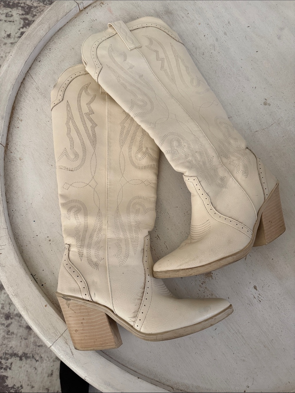 Sugar Cream Western Knee-High Heeled Boots